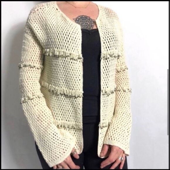 JOIE SEQUIN FRINGE CROCHET COTTON CARDIGAN SWEATER - Picture 4 of 7